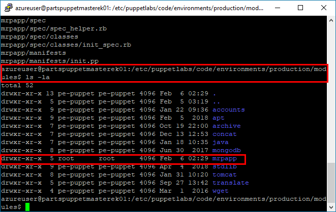 Screenshot of a bash terminal, in PuTTy, showing the output from running the ls -la command on the Puppet Master successfully. The output of the commands shows a list of modules that are present in the ~/production/modules directory on the Puppet Master. The mrpapp module is included in the list. The ls -la commands are highlighted to illustrate how to run the commands and view their outputs in a bash terminal with PuTTy. The mrpapp module is also highlighted to illustrate how to locate the module from within the list in a bash terminal with PuTTy.